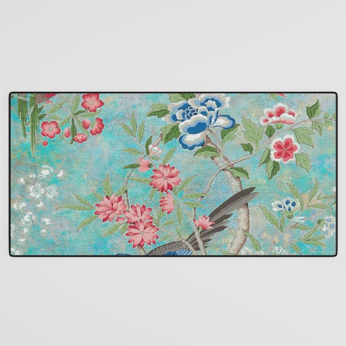 Chinoiserie Aqua Turquoise Peony Bird Garden  Desk Mat Gallery Image 3