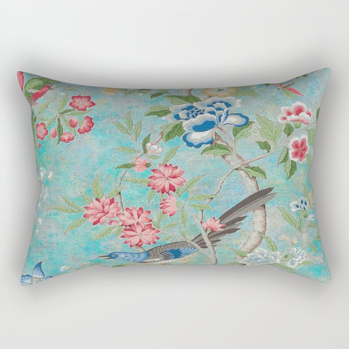 Chinoiserie Aqua Turquoise Peony Bird Garden  Rectangular Pillow Gallery Image 1