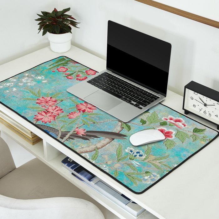 Chinoiserie Aqua Turquoise Peony Bird Garden  Desk Mat Gallery Image 2