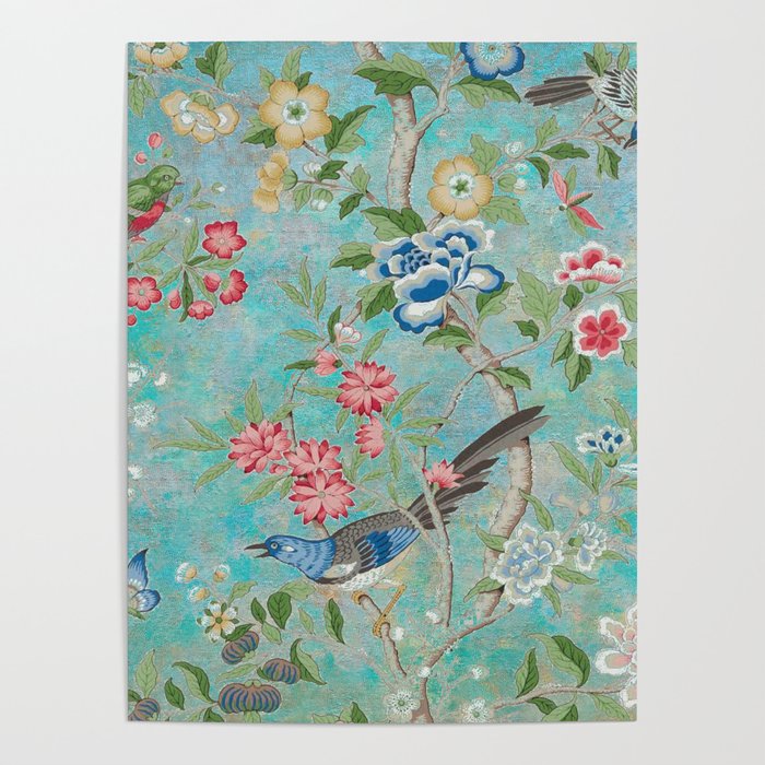 Chinoiserie Aqua Turquoise Peony Bird Garden  Poster Gallery Image 4