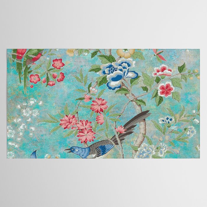 Chinoiserie Aqua Turquoise Peony Bird Garden  Tablecloth Gallery Image 2