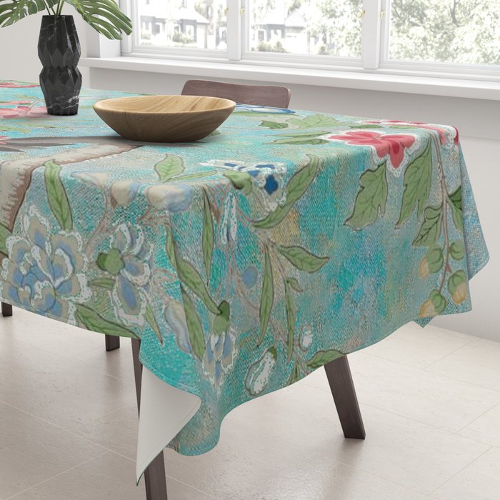 Chinoiserie Aqua Turquoise Peony Bird Garden  Tablecloth Gallery Image 3