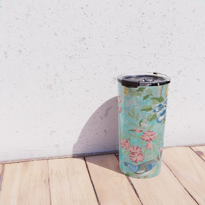 Chinoiserie Aqua Turquoise Peony Bird Garden  Travel Mug Gallery Image 4