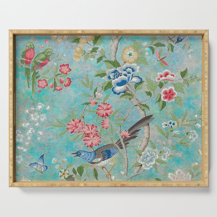 Chinoiserie Aqua Turquoise Peony Bird Garden  Serving Tray Gallery Image 1
