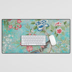 Chinoiserie Aqua Turquoise Peony Bird Garden  Desk Mat Gallery Image 1