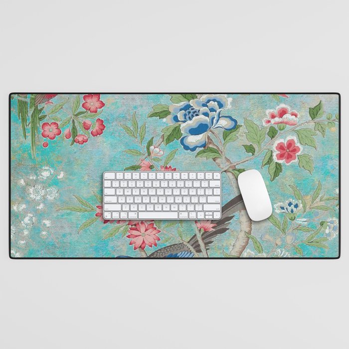 Chinoiserie Aqua Turquoise Peony Bird Garden  Desk Mat Gallery Image 1
