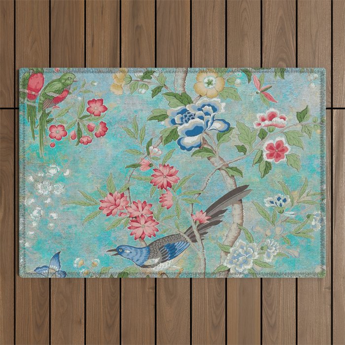 Chinoiserie Aqua Turquoise Peony Bird Garden  Outdoor Rug Gallery Image 1