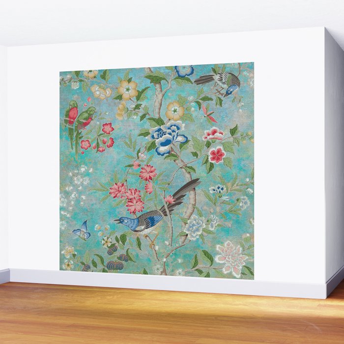 Chinoiserie Aqua Turquoise Peony Bird Garden  Wall Mural Gallery Image 2
