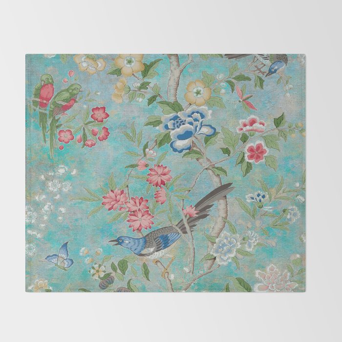 Chinoiserie Aqua Turquoise Peony Bird Garden  Throw Blanket Gallery Image 2