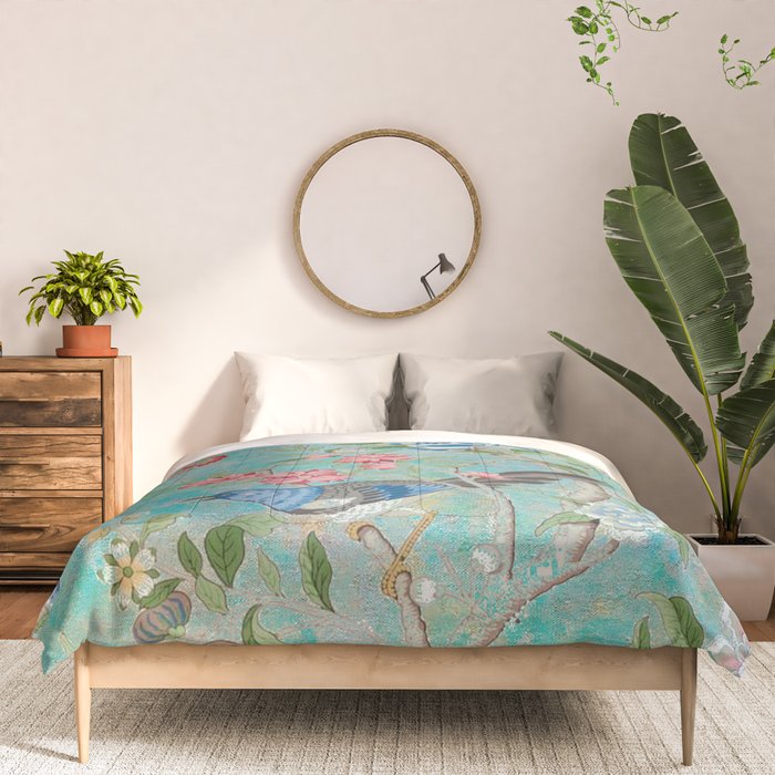 Chinoiserie Aqua Turquoise Peony Bird Garden  Comforter Gallery Image 3