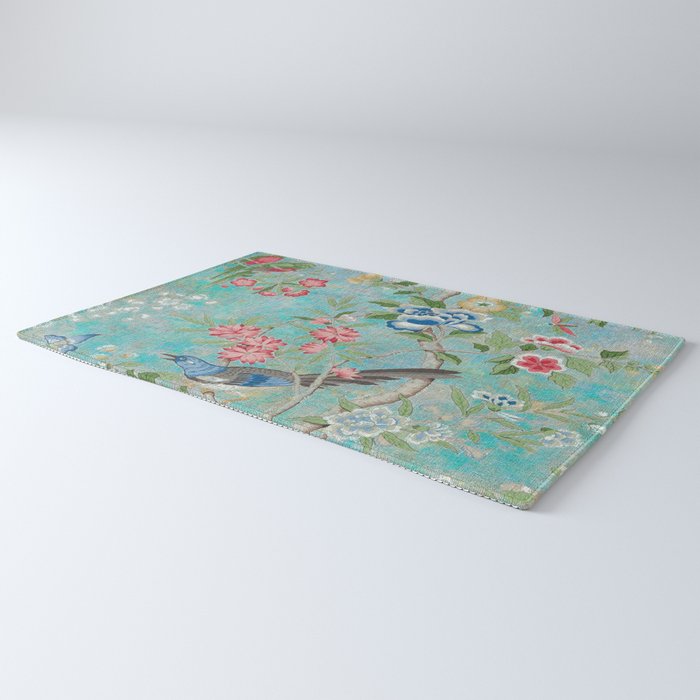 Chinoiserie Aqua Turquoise Peony Bird Garden  Rug Gallery Image 3