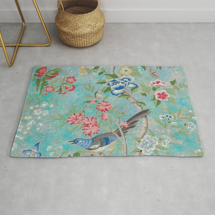 Chinoiserie Aqua Turquoise Peony Bird Garden  Rug Gallery Image 1