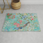 Chinoiserie Aqua Turquoise Peony Bird Garden  Rug Gallery Image 1