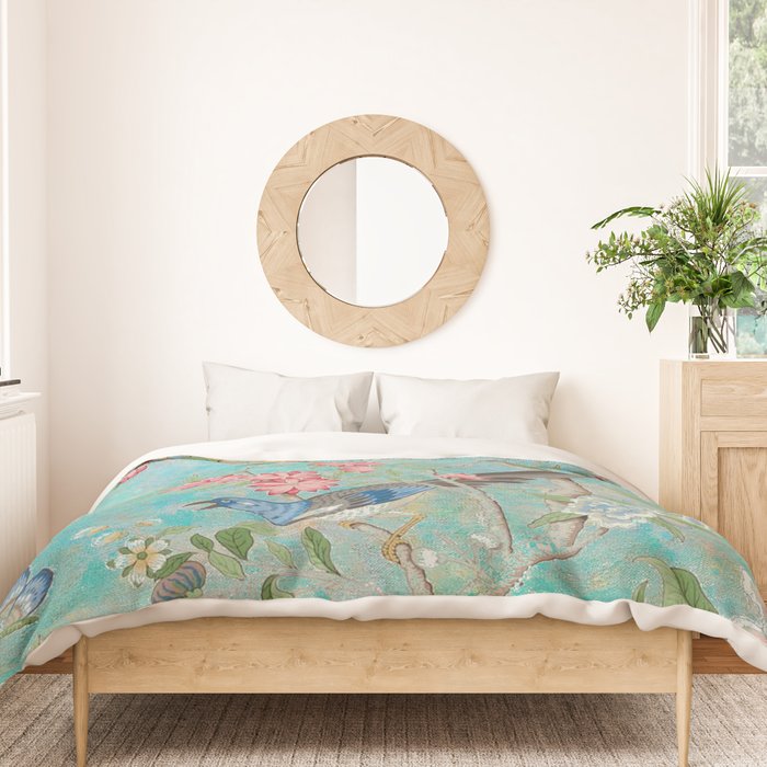 Chinoiserie Aqua Turquoise Peony Bird Garden  Duvet Cover Gallery Image 3