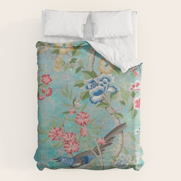 Chinoiserie Aqua Turquoise Peony Bird Garden  Duvet Cover Gallery Image 6