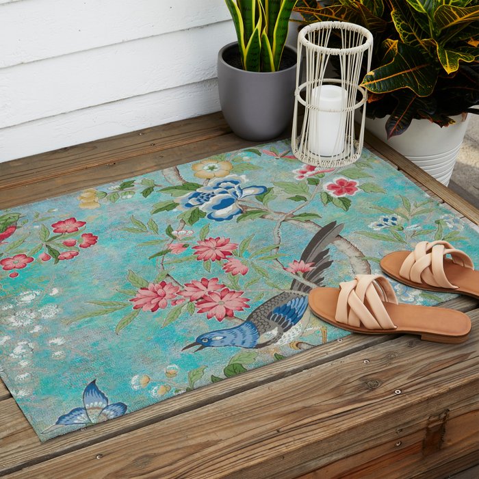 Chinoiserie Aqua Turquoise Peony Bird Garden  Outdoor Rug Gallery Image 2