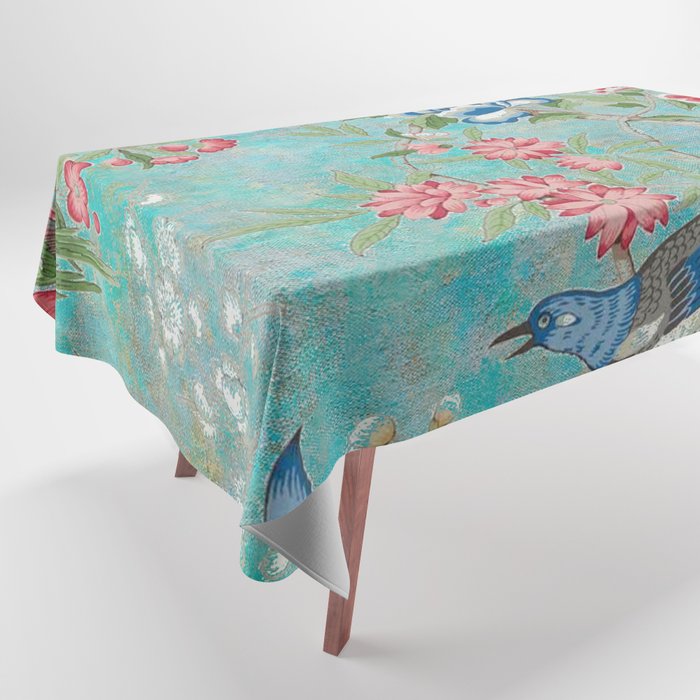 Chinoiserie Aqua Turquoise Peony Bird Garden  Tablecloth Gallery Image 1