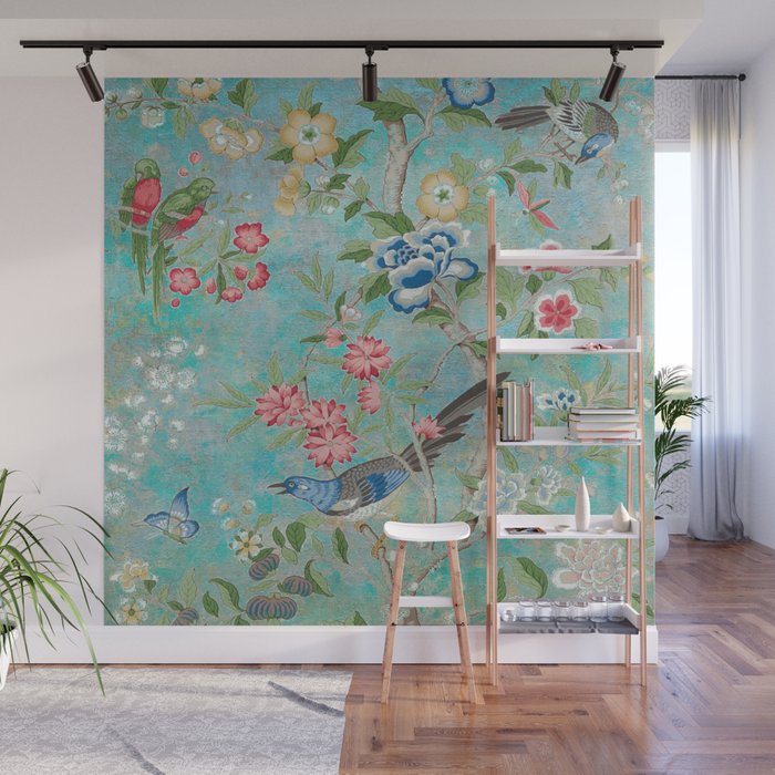 Chinoiserie Aqua Turquoise Peony Bird Garden  Wall Mural Gallery Image 1