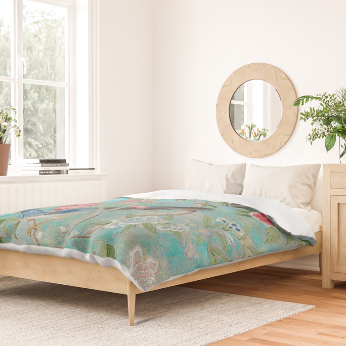 Chinoiserie Aqua Turquoise Peony Bird Garden  Duvet Cover Gallery Image 2
