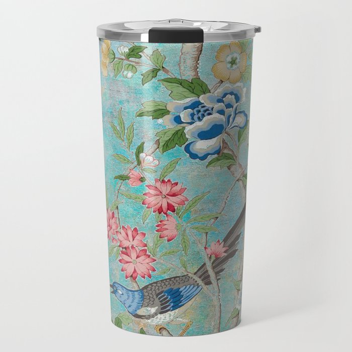Chinoiserie Aqua Turquoise Peony Bird Garden  Travel Mug Gallery Image 1