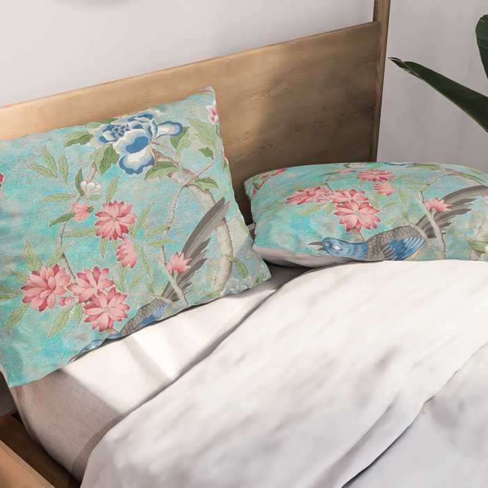 Chinoiserie Aqua Turquoise Peony Bird Garden  Pillow Sham Gallery Image 2