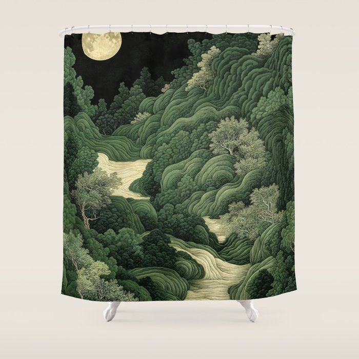 Japanese Wall Art Maximalist Moon Print japandi Art Wabi Sabi Painting Sage Green dopamine decor Shower Curtain Gallery Image 1
