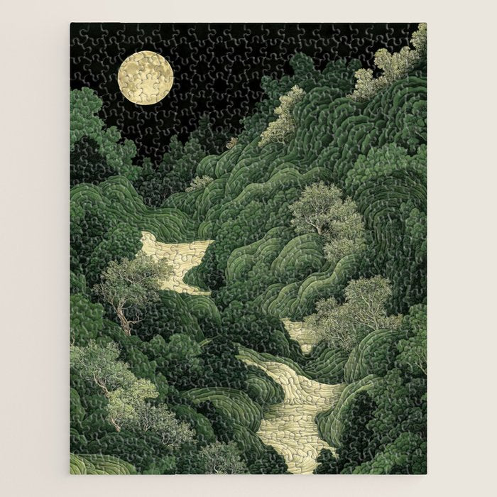Japanese Wall Art Maximalist Moon Print japandi Art Wabi Sabi Painting Sage Green dopamine decor Jigsaw Puzzle Gallery Image 1