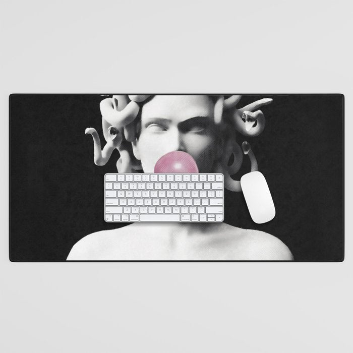 Medusa blowing pink bubblegum bubble Desk Mat Gallery Image 1