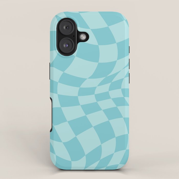 Warped Checkered Pattern in Aqua Blue, Wavy Checkerboard iPhone Case Gallery Image 1