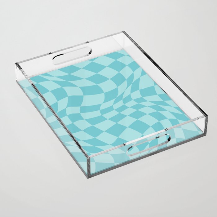 Warped Checkered Pattern in Aqua Blue, Wavy Checkerboard Acrylic Tray Gallery Image 1