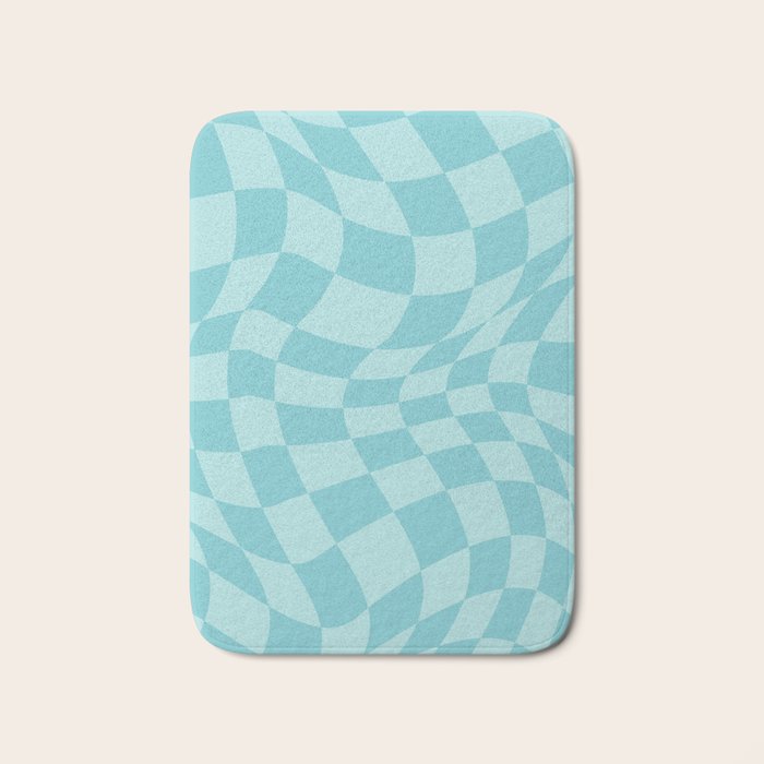 Warped Checkered Pattern in Aqua Blue, Wavy Checkerboard Bath Mat Gallery Image 1