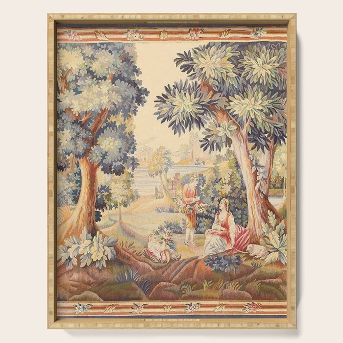 Antique Rococo French Pastoral Tapestry Serving Tray Gallery Image 1