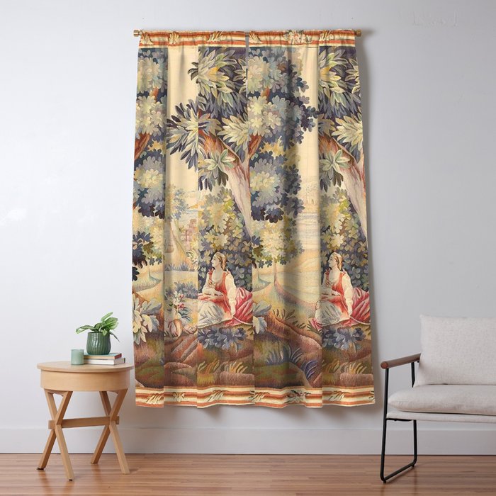 Antique Rococo French Pastoral Tapestry Window Curtain Gallery Image 1