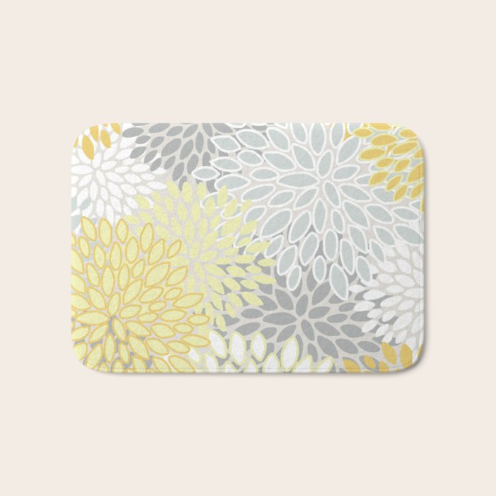 Floral Prints, Soft, Yellow and Gray, Modern Print Art Bath Mat Gallery Image 1