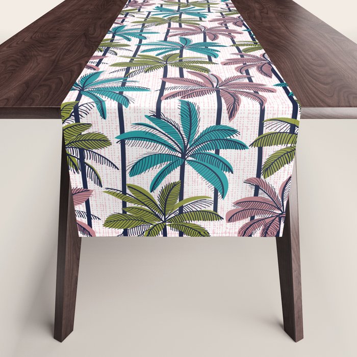 Retro Palm Springs vibes // white background highball green peacock blue and dry rose palm trees oxford navy blue lines Table Runner Gallery Image 1
