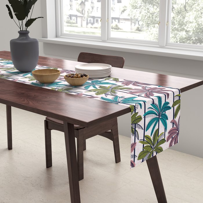Retro Palm Springs vibes // white background highball green peacock blue and dry rose palm trees oxford navy blue lines Table Runner Gallery Image 2