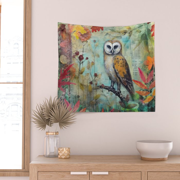 Colorful Owl Forest Garden Indian Summer Flora And Wildlife Wall Tapestry Gallery Image 2