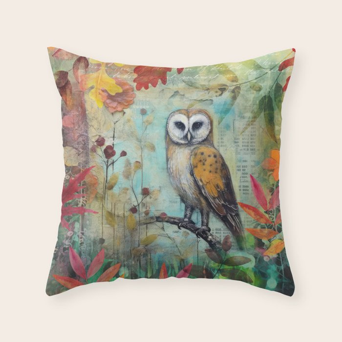 Colorful Owl Forest Garden Indian Summer Flora And Wildlife Throw Pillow Gallery Image 6