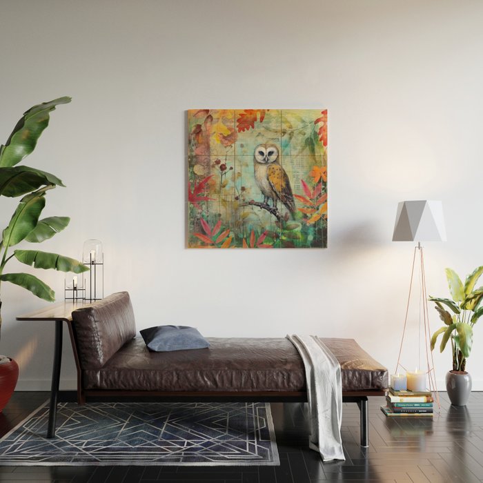 Colorful Owl Forest Garden Indian Summer Flora And Wildlife Wood Wall Art Gallery Image 2