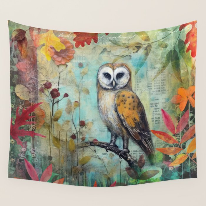 Colorful Owl Forest Garden Indian Summer Flora And Wildlife Wall Tapestry Gallery Image 4
