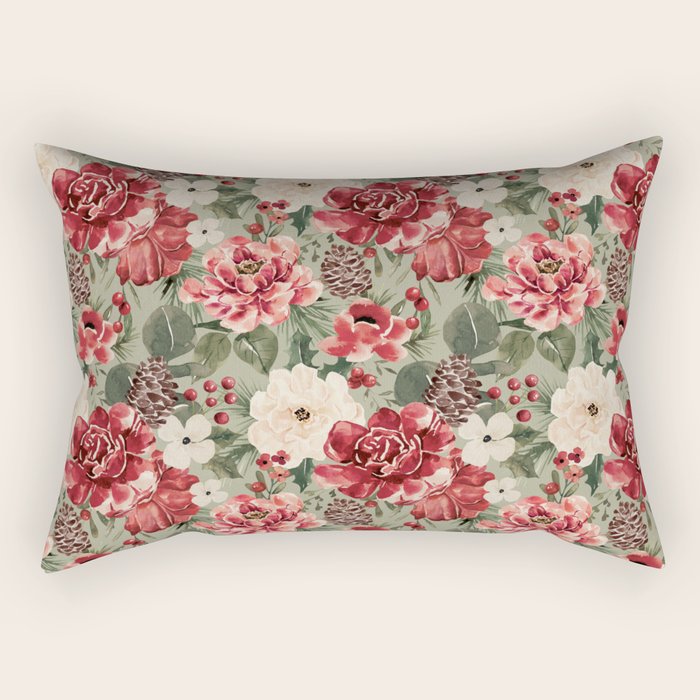 Vintage Christmas Floral on Sage Green Rectangular Pillow Gallery Image 2