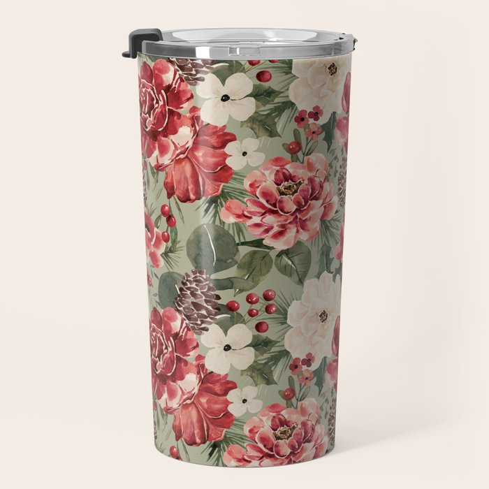 Vintage Christmas Floral on Sage Green Travel Mug Gallery Image 3