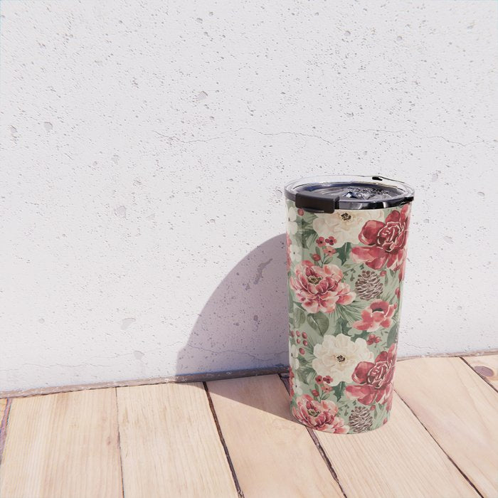 Vintage Christmas Floral on Sage Green Travel Mug Gallery Image 4