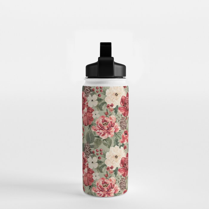 Vintage Christmas Floral on Sage Green Water Bottle Gallery Image 2
