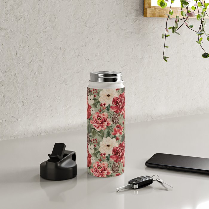 Vintage Christmas Floral on Sage Green Water Bottle Gallery Image 4