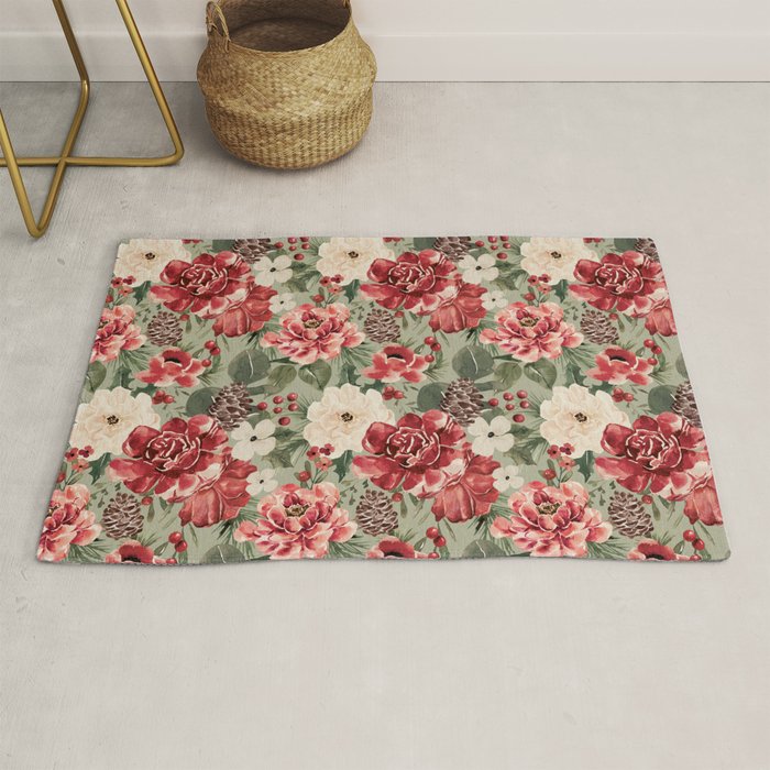 Vintage Christmas Floral on Sage Green Rug Gallery Image 1