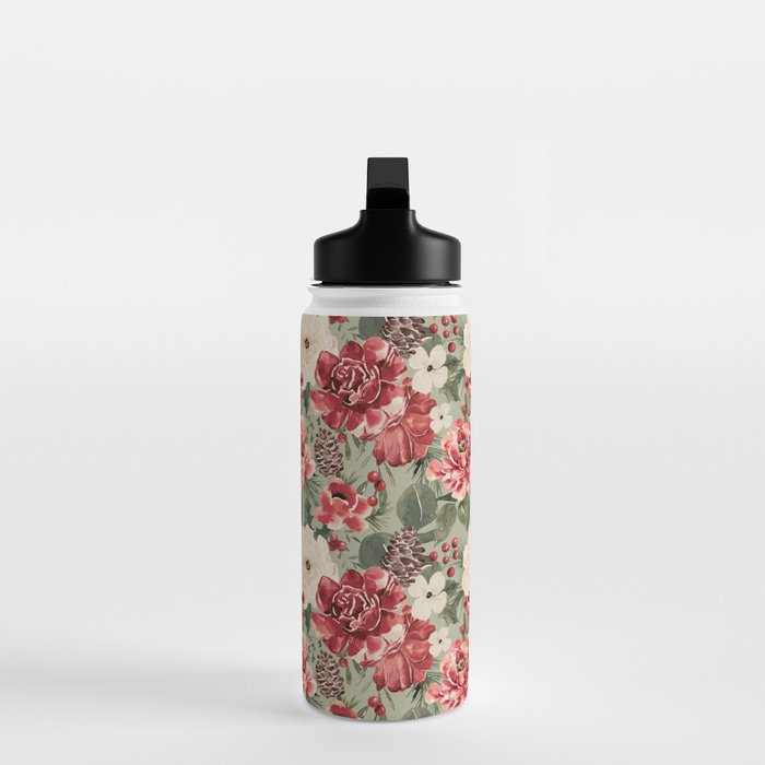 Vintage Christmas Floral on Sage Green Water Bottle Gallery Image 3