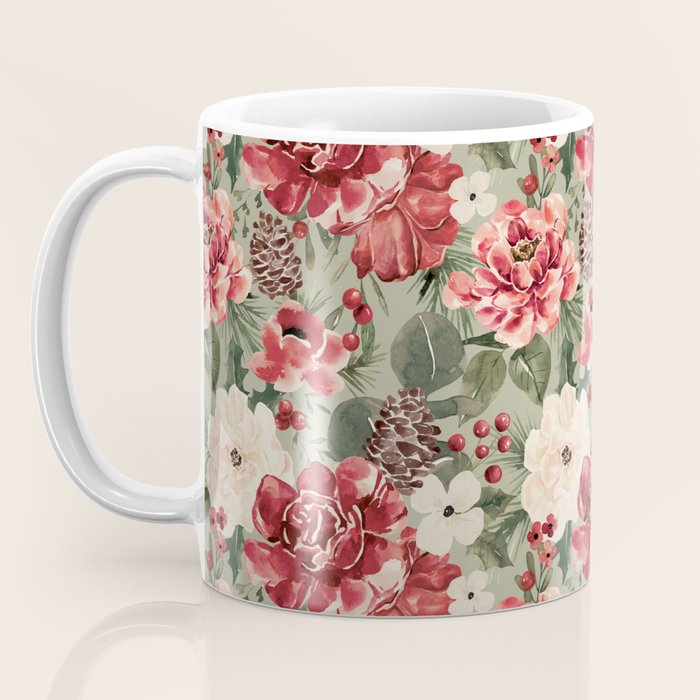 Vintage Christmas Floral on Sage Green Coffee Mug Gallery Image 3