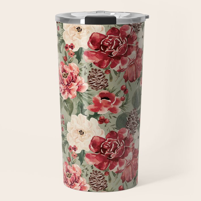 Vintage Christmas Floral on Sage Green Travel Mug Gallery Image 1