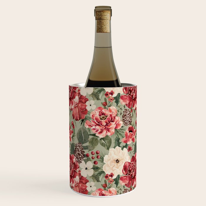 Vintage Christmas Floral on Sage Green Wine Chiller Gallery Image 3
